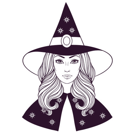 Beautiful witch in hat, vintage halloween vector black and white linen illustration. Face of a beautiful young girl with long wavy hair in a hat on the white background.のイラスト素材