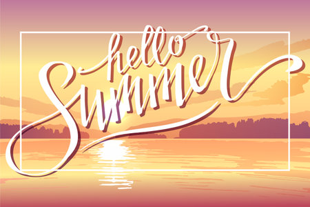 Sunset on the sea, abstract landscape background, written lettering, hello summer, poster, banner, vector illustration.のイラスト素材