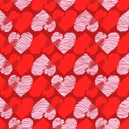 Pink printed hearts, vintage vector seamless pattern, love, romantic, Valentines day theme, template for textile, wallpaper, wrapping paper.のイラスト素材