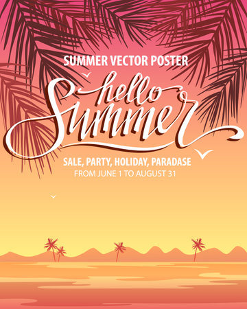 Summer vector poster, banner, template for design. Sunset, sunrise on the sea, palm leaves, hand written lettering Hello Summer.のイラスト素材