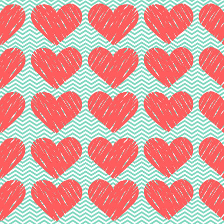 Pink doodle hearts, vintage vector seamless pattern, love, romantic, Valentines day theme, template for textile, wallpaper, wrapping paper.のイラスト素材