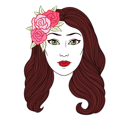 Girl with long wavy hair and roses, vector linen illustration on white background. Coloring book page, tattoo, poster, beauty salon design.のイラスト素材