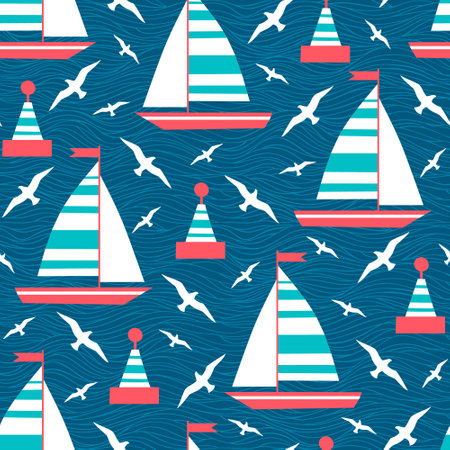 Sailboats and lighthouses, flying seagulls on the sea, childlike simple vector seamless pattern for children's textile wallpaper.のイラスト素材