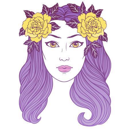 Face of a beautiful young girl with long wavy hair and roses on the white background, vector illustration for tattoo, poster, beauty salon design.のイラスト素材