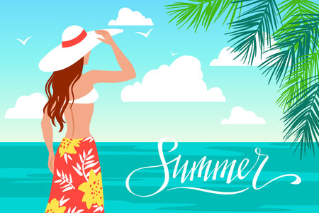 Figure of young women in hat, pareo and swimsuitl, vector illustration on seaside, tropical landscape, hand written lettering Hello Summer.のイラスト素材