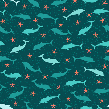 Sea marina pattern, silhuette of dolphins and seastars. Template for textile, wallpaper. Vector sea life seamless pattern.のイラスト素材