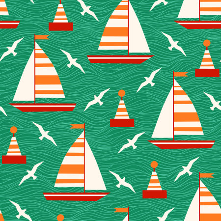 Sailboats and lighthouses, flying seagulls on the sea, childlike simple vector seamless pattern for children's textile wallpaper.のイラスト素材