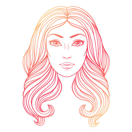 Face of a beautiful young girl with long wavy hair on the white background, vector illustration for tattoo, poster, beauty salon design.のイラスト素材