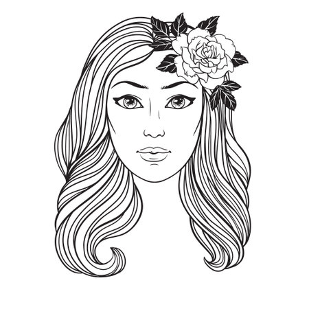 Girl with long wavy hair and roses, vector linen illustration on white background. Coloring book page, tattoo, poster, beauty salon design.のイラスト素材