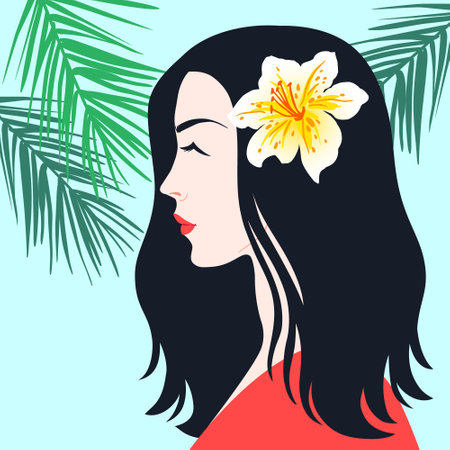 Beautiful young women in profile with exotic flower, on palm leaves background, vector illustration.のイラスト素材