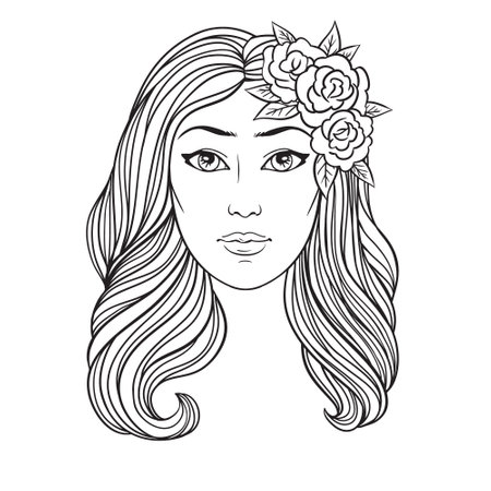 Girl with long wavy hair and roses, vector linen illustration on white background. Coloring book page, tattoo, poster, beauty salon design.のイラスト素材