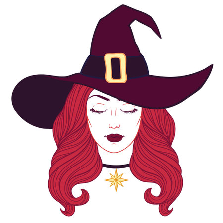 Beautiful witch in hat, halloween vector linen illustration. Face of a beautiful young girl with long wavy hair on the white background.のイラスト素材
