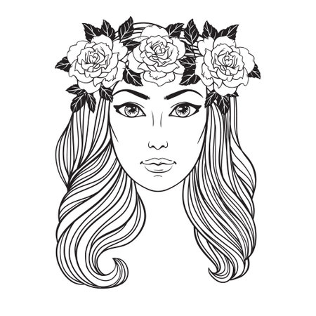 Girl with long wavy hair and roses, vector linen illustration on white background. Coloring book page, tattoo, poster, beauty salon design.のイラスト素材