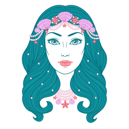 Mermaid girl in decoration with pearls and shells, vector linen illustration. Face of a beautiful young girl with long wavy hair on the white background.のイラスト素材