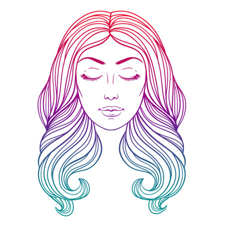 Girl with long wavy hair, vector linen black and white illustration. Coloring book page, tattoo, poster.のイラスト素材