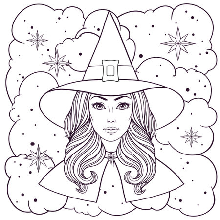 Beautiful witch in hat, vintage halloween vector black and white linen illustration. Face of a beautiful young girl with long wavy hair in a hat on the white background.のイラスト素材