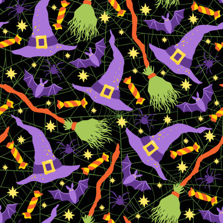 Halloween hand drawn vector seamless pattern with witch accessories, bats and sweets.のイラスト素材
