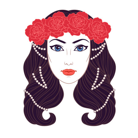 Girl with long wavy hair and roses, vector linen illustration on white background. Coloring book page, tattoo, poster, beauty salon design.のイラスト素材