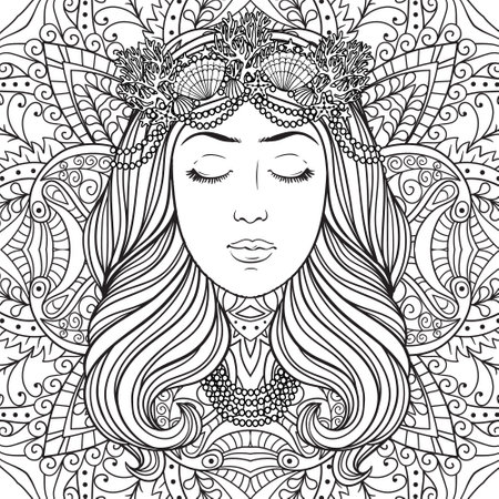 Girl-mermaid in decoration with pearls and shells, black and white vector illustration for coloring book, tattoo, poster. Face of a beautiful young girl with long wavy hair on the white background.のイラスト素材