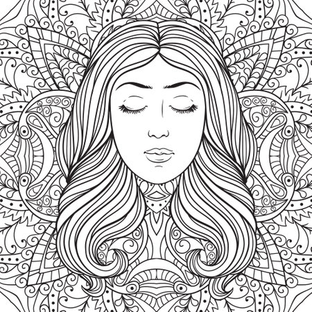 Beautiful girl with wavy hair on orhamental decorative pattern, black and white linen illustration for coloring book.のイラスト素材