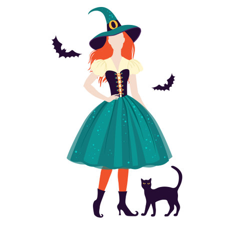Girl in vintage Halloween costume of a witch, in flat style, color vector illustration on white background.のイラスト素材