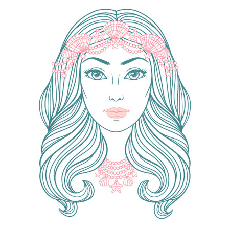 Mermaid girl in decoration with pearls and shells, vector linen illustration. Face of a beautiful young girl with long wavy hair on the white background.のイラスト素材