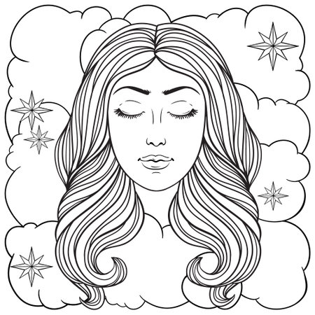 Girl with long wavy hair, stars and clounds vector linen black and white illustration. Coloring book page, tattoo, poster.のイラスト素材