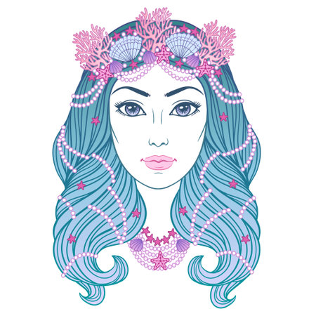 Mermaid girl in decoration with pearls and shells, vector linen illustration. Face of a beautiful young girl with long wavy hair on the white background.のイラスト素材