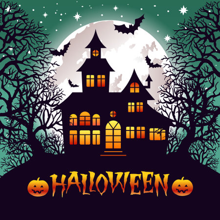 House at night with glowing windows, full moon, halloween pumpkin, flying witch and bats. Halloween vector illustration.のイラスト素材