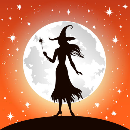 Silhuette of witch, full moon and stars, vintage Halloween vector illustration.のイラスト素材