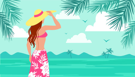 Silhouette of girl in hat, swimsuit and pareo, vector illustration on seaside, tropical landscape.のイラスト素材
