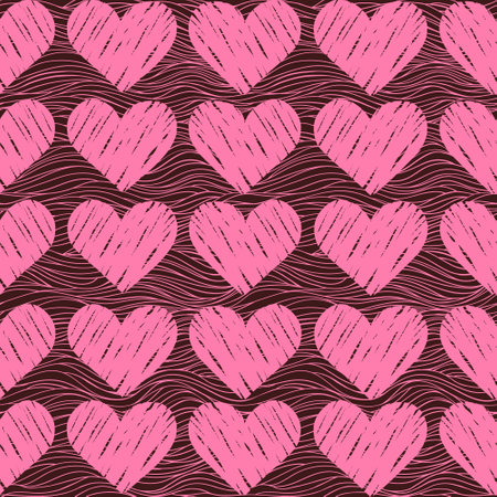 Pink doodle hearts, vintage vector seamless pattern, love, romantic, Valentines day theme, template for textile, wallpaper, wrapping paper.のイラスト素材