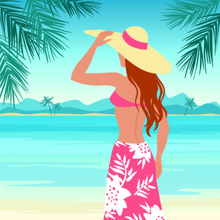 Silhouette of young beautiful woman in a swimshuit, hat and pareo on the beach, vector illustration.のイラスト素材