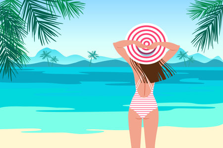 Figure of young women in straw hat and swimsuit on the beach, vector summer illustration.のイラスト素材
