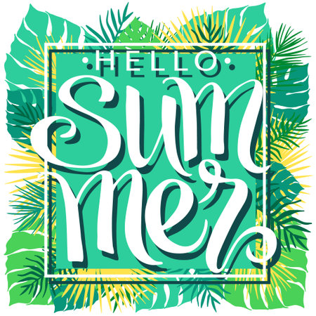 Summer, hand written lettering on palm leaves background, vector illustration, summer nature poster.のイラスト素材