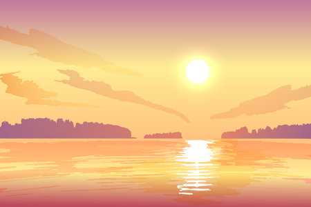 Sunset or sunrise on the sea or lake, vector landscape background.のイラスト素材