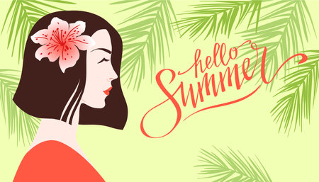 Beautiful young women in profile with exotic flower, on palm leaves background, hand written lettering, hello summer vector illustration.のイラスト素材