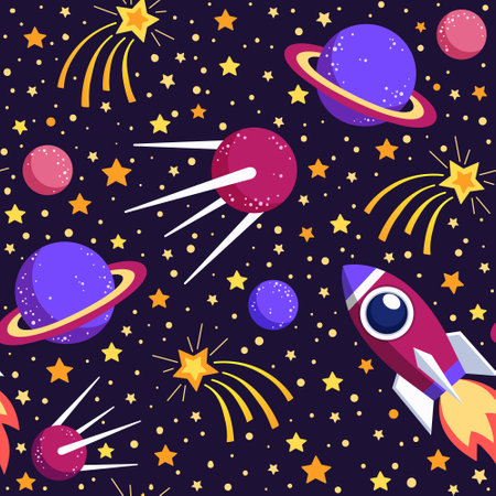 Space elements: planets, spaseship, satellite, stars, comets, constellations. vector seamless pattern.のイラスト素材