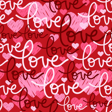 Vector seamless pattern, hand written lettering Love, pink doodle hearts, template for Valentines day, textile, wallpaper design.のイラスト素材
