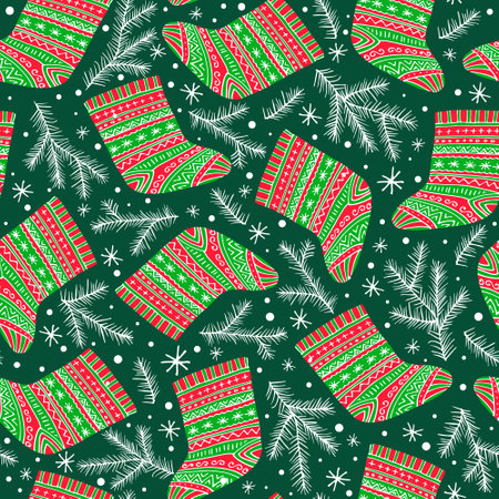 Christmas socks, fir brunches, doodle hand drawn elements, vector seamless pattern for Christmas and New Year holiday design.のイラスト素材