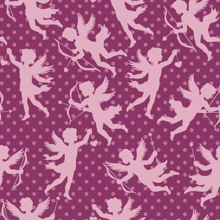 Silhouettes of flying cupid, vintage romantic love theme, vector seamless pattern.のイラスト素材