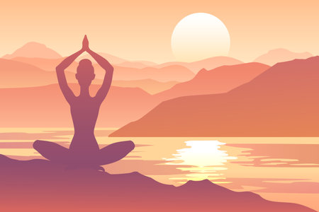 Girl in lotus pose on the sunrise in the mountains, vector illustration.のイラスト素材