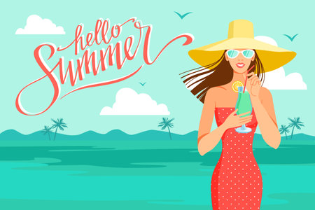 Girl in hat and swimsuit with cocktail, vector illustration on seaside, tropical landscape, hand written lettering Hello Summer.のイラスト素材