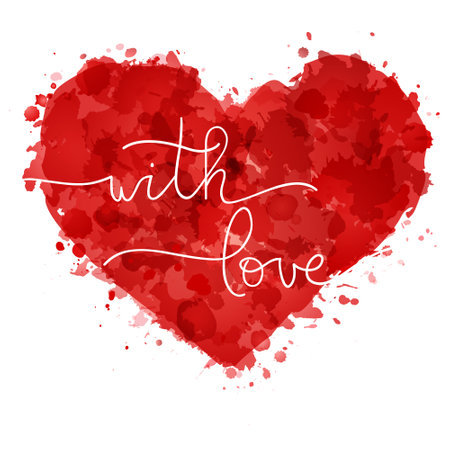 Silhouette of red painted heart, vector illustration on white background, hand written lettering with love, romantic, Valentines day theme.のイラスト素材