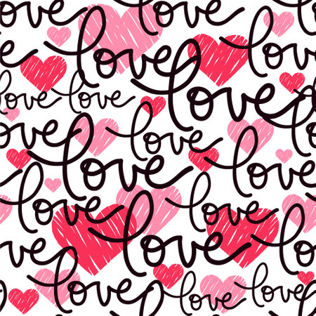 Vector seamless pattern, hand written lettering Love, pink doodle hearts, template for Valentines day, textile, wallpaper design.のイラスト素材