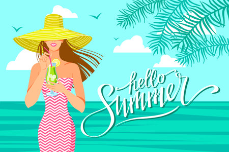 Girl in hat and swimsuit with cocktail, vector illustration on seaside, tropical landscape, hand written lettering Hello Summer.のイラスト素材