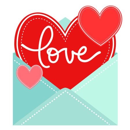 Pink hear in envelope, hand written lettering Love, vector illustration on white background. Valentine's day, love, romantic image.のイラスト素材