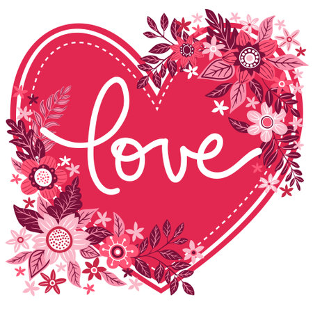 Valentine card, silhouette of heart and flowers on white background, hand written lettering Happy Valentin`s day, love romantic background, vector illustration for t-shirt print, invitation.のイラスト素材