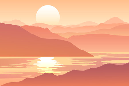 Sunrise or sunset in the mountains and the sea, panorama, landscape, vector illustration.のイラスト素材