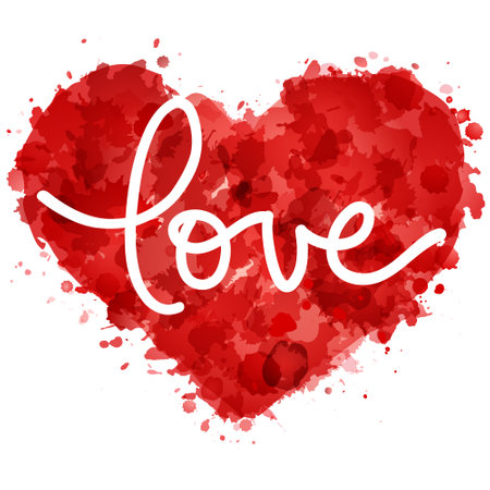 Silhouette of red painted heart, vector illustration on white background, hand written lettering Love, romantic, Valentines day theme.のイラスト素材